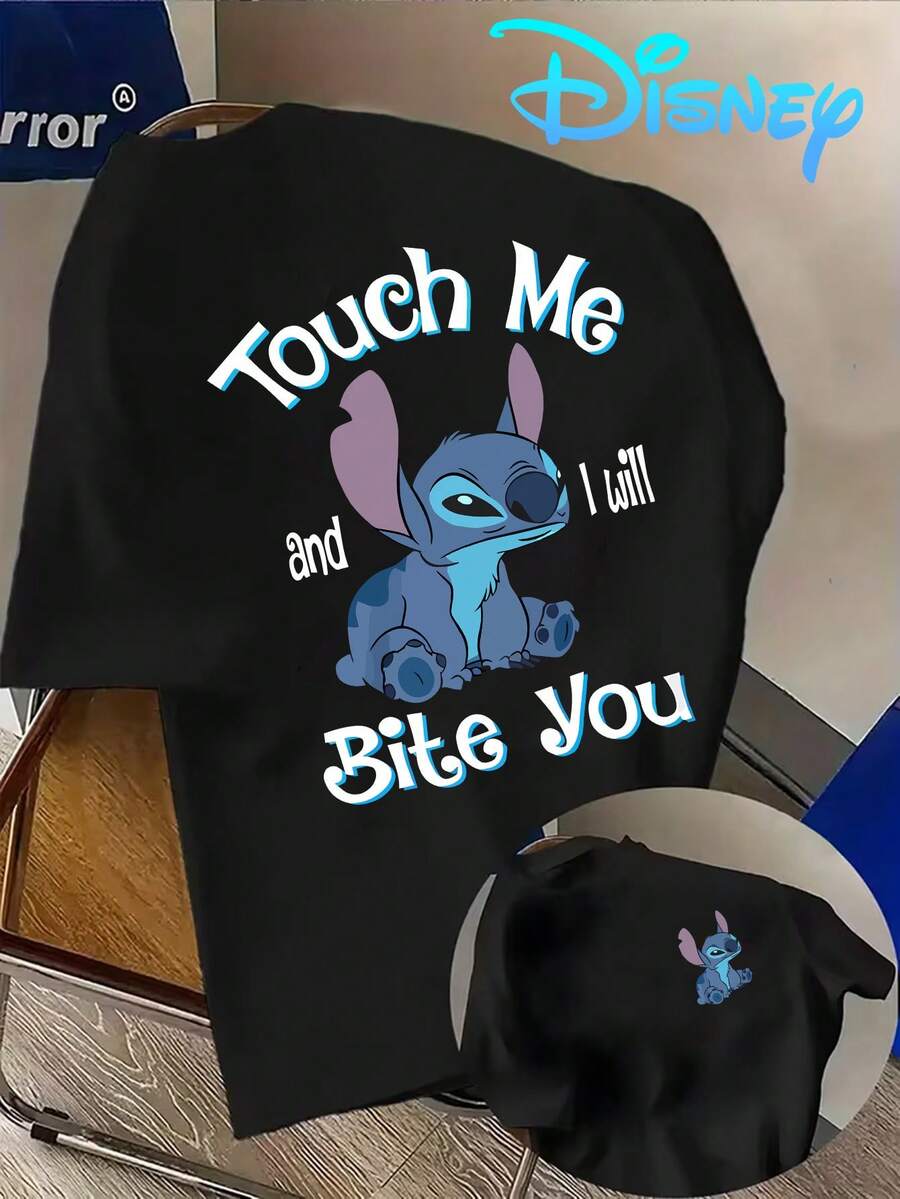 Disney Lilo & Stitch "Touch Me And I Will Bite You" Front & Chest Mini Print Crew Neck Tee, Sassy Cartoon Casual Top - 黑色 - 查看 1