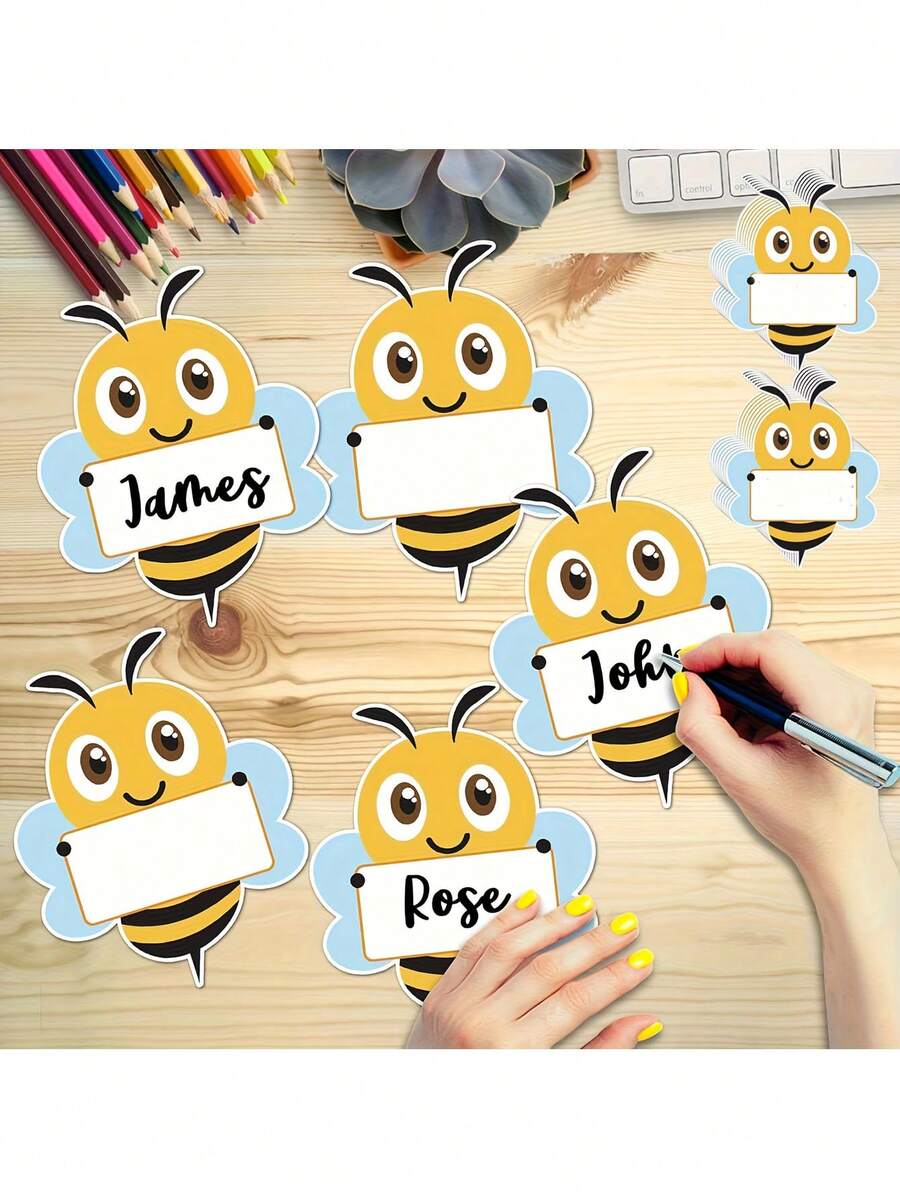 50pcs Cute Bee Paper Labels With Durable Adhesive Backing, Suitable For Classroom Bulletin Boards, Storage Lockers And Desk Name Stickers Decoration - View 1