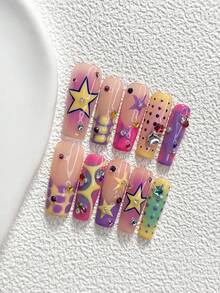 10Pcs Dopamine Y2K Style Handmade Press On Nail,Polygel Nail Set,Star, Yellow ,Purple And Pink Nail Polish,Macaron Style,Includes Nail Tools,3 Sizes Available,Almond Nails , Duck Nails,Coffin Nails For Party, Dance, Daily Wear. - 彩色 - 查看 19