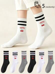 5 Pairs Women's Crew Socks, Cotton Socks, Mid-Calf Socks, Women's Socks, Cute Socks, Girls' Socks, Autumn Winter Spring Summer Socks, Breathable And Comfortable, Moisture-Wicking, Soft And Smooth, Suitable For Various Holidays, Sports, Casual, Business And Other Daily Wear, Can Be Worn All Seasons, Random Color Combination. - Multicolor - View 4