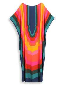 Plus Size Colorful Gradient Print Round Neck Batwing Sleeve Kaftan Dress Loose Flowy Maxi Beach Cover Up For Summer Vacation Party Lounge Wear - Red - View 2