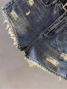 Summer Vintage High Waisted Distressed Denim Shorts Women Retro Y2K Spicy Girl Slimming A-Line Raw Hem Hot Pants Casual Beach Party Streetwear - 深藍色 - 查看 2