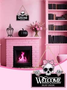 Pink Gothic Skull Welcome Sign, "Welcome Dead Inside" Text, Pink Skull Design, Suitable For Halloween Themed Parties, Halloween Surprise Party Decorations, Home Decor, Porch Decor, Haunted House Decor, Garden And Gothic Style Home Decor - One Size Fits All - View 5