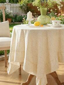 1pc Tablecloth With Scalloped Lace Trim, Polyester Fabric, Pale Yellow Floral Pattern, Rectangular/Square Tablecloth, Suitable For Dining Room And Living Room Table Decor - Light Yellow - View 7
