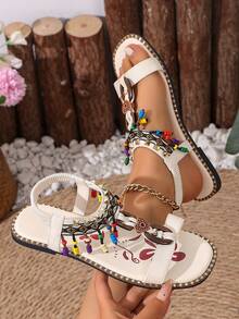 Women's White Bohemian Style Colorful Beaded Thong Sandals With Back Strap, Flat Vacation Beach Shoes - White - View 1