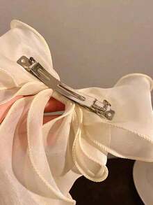 1pc/2pcs Organza Oversized Bow Spring Hair Clip, Cream White Fluffy 3D Long Tail Ribbon, Elegant Fairy-Like Updo Hair Accessory For Women, Sweet Romantic Wedding Party Date Daily Commute Photoshoot - Beige - View 3