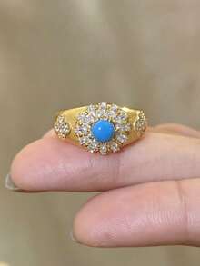 1pc Vintage Painted Ring, Inlaid With Flower Cluster And Central Blue Decoration - Brushed Turquoise Full Diamond Ring - View 1