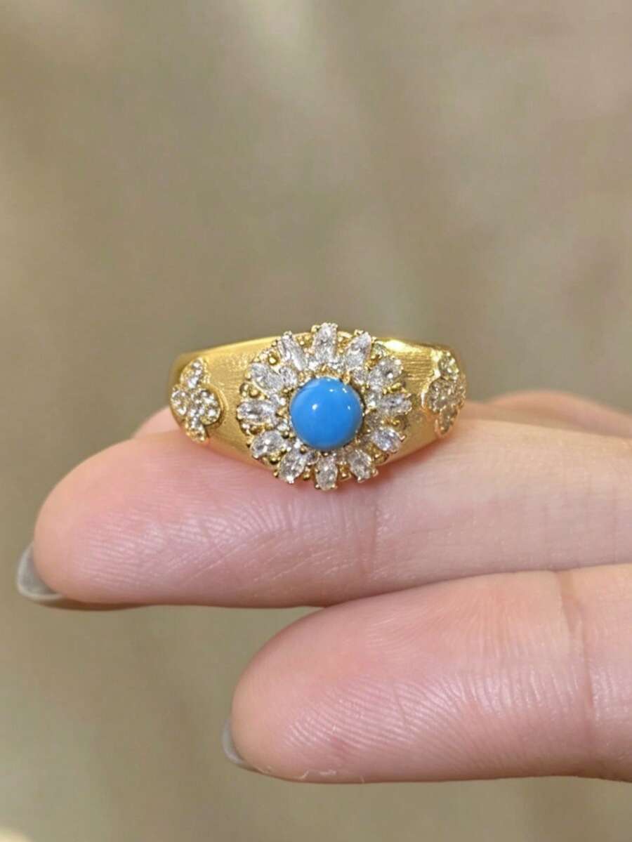 1pc Vintage Painted Ring, Inlaid With Flower Cluster And Central Blue Decoration - Brushed Turquoise Full Diamond Ring - View 1