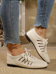 Women's Flat Hollow Lace-Up Casual Minimalist Shoes - White - View 5