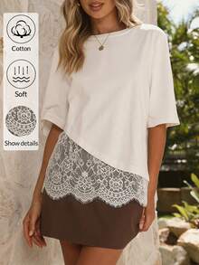 Women's Elegant Commuter Solid Color Lace Patchwork Round Neck Top White Summer - White - View 7