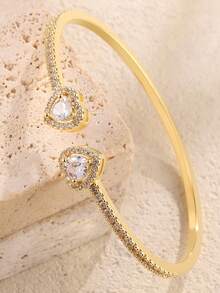 1 pieza/3 piezas Juego de pulsera de lujo de acero inoxidable chapada en oro de 18K con corazón de diamantes de imitación, combinada con brazalete abierto de cobre incrustado con circonita cúbica de alta transparencia, resistente a la decoloración, versátil para el uso diario, citas, fiestas, juego de pulseras premium para mujeres - Dorado - Ver 4