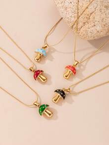 1 pieza Collar con colgante de hongo colorido y lindo de acero inoxidable color dorado, de moda para mujer, adecuado para usar o como regalo - Amarillo Oro - Ver 4