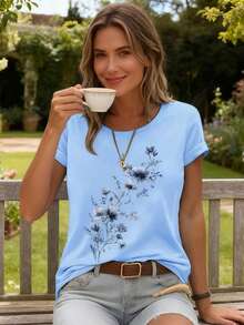 Elegant Watercolor Floral Print T-Shirt + Short Sleeves + Round Neck + Casual Spring And Summer Clothing For Women - 藍色 - 查看 1
