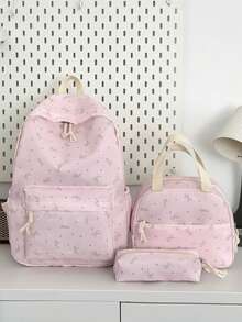 3pcs Nylon Bow Print Backpack Set, Foldable Multi-Pocket Large Capacity Zipper Backpack, Suitable For Teenagers And High School Students - Pink - View 11
