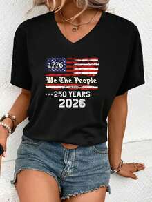 2026 V-Neck T-Shirt, White, With The American Flag, "We The People", 1776, 250 Years Of Independence, Independence Day Celebration, Casual Wear. - 黑色 - 查看 1