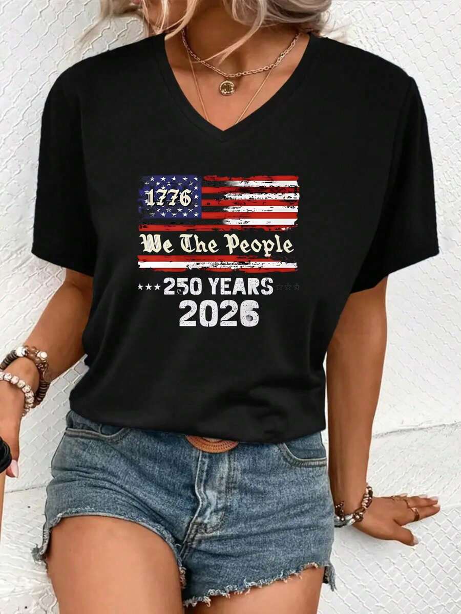 2026 V-Neck T-Shirt, White, With The American Flag, "We The People", 1776, 250 Years Of Independence, Independence Day Celebration, Casual Wear. - 黑色 - 查看 1