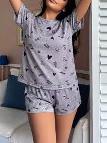 Conjunto de pijama de 2 piezas con estampado de corazón y pantalón corto para mujer - Gris - Ver 4