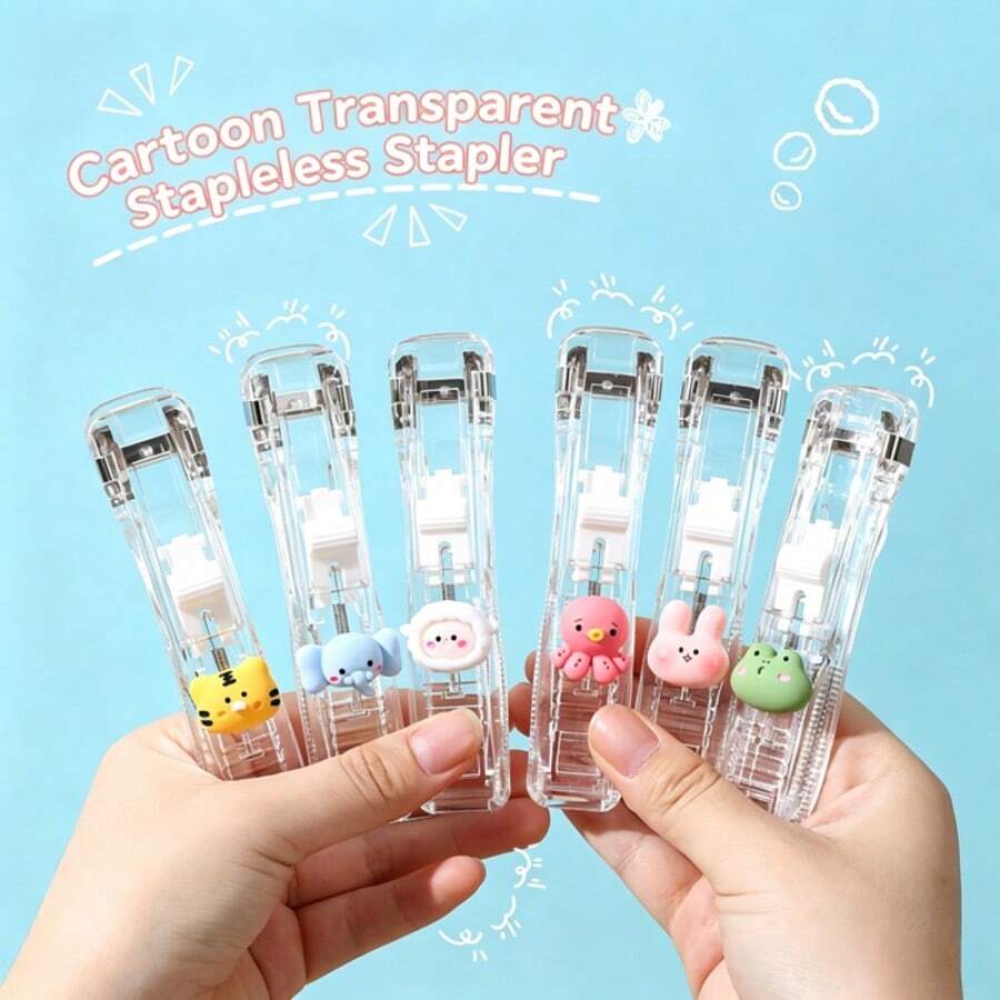 Aesthetic Cartoon Transparent Press-Type Stapler, Trace-Free Reusable Shell Clip Dispenser, Portable Document Fastener, Suitable For Student Office Paper Organization - A - View 1