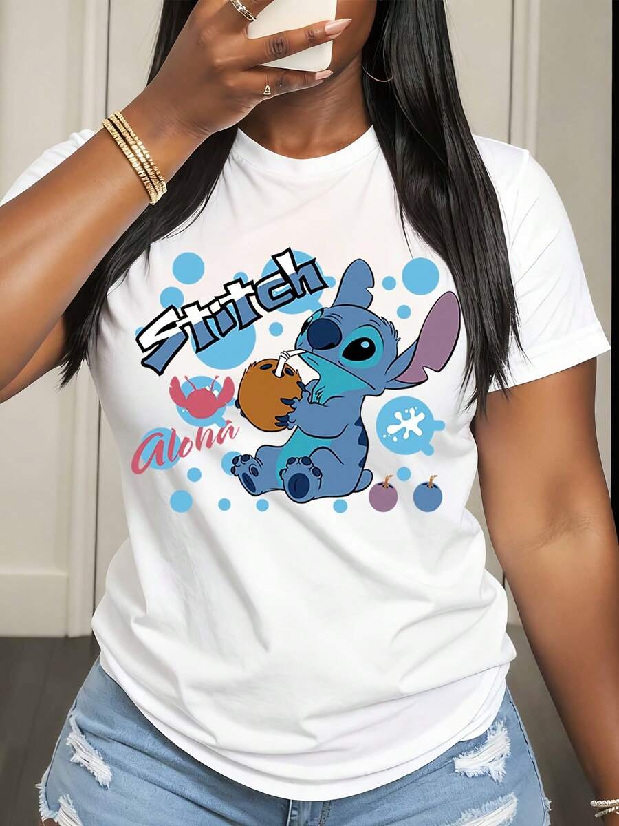 Disney Stitch And Lilo Print T Shirt Women Casual Summer Wear Cartoon Style - 白色 - 查看 1