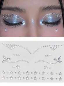 1pc Eye Makeup Rhinestone Stickers, Wavy Line + Four-Leaf Clover + Five-Pointed Star Combination, Self-Adhesive Backing, Creative Glitter Rhinestone Stickers For Stage Makeup And Party Eye Area - Multicolor - View 4
