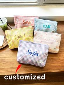 1個客製化刺繡格紋蝴蝶結化妝包，大容量拉鍊收納袋，適合學生/上班族，日常收納/旅行整理組，支援獨家客製化，甜美風格化妝袋，清新春夏設計 - 彩色 - 查看 1