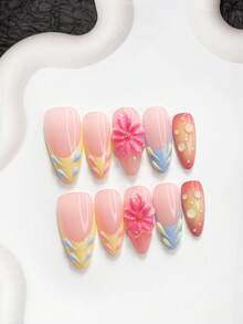 10pcs/Set Sweet Floral Handmade Press-On Nails, Polymer Nail Tips, 5-Petal Flower Design, Yellow & Blue Color Scheme, Summer Fresh Style, Includes Manicure Tools, 3 Sizes Available, Almond, Duck, Coffin Shape, Suitable For Party, Dance, Daily Wear - Multicolor - View 3