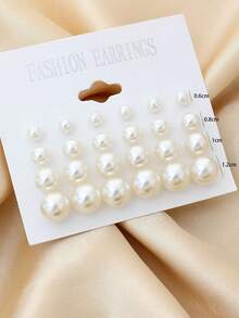 12 Pairs Ins Influencer Style Mixed Size Pearl Stud Earrings, Minimalist Cold Style Versatile All-Match Jewelry Set For Girls And Women - Beige - View 5