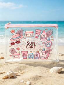Bolsa de maquillaje con estampado "Protección Solar" de PVC, bolsa organizadora de viaje de PVC con cremallera - Bolsa de tocador de maquillaje ligera y resistente a la decoloración, compatible con TSA y portátil, fácil de limpiar; adecuada como regalo para maestros o amigos, también una bolsa de tocador esencial para viajes escolares y vacaciones, con función impermeable. - Multicolor - Ver 13