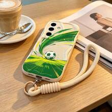 1 pieza Patrón de césped de fútbol, accesorio de cordón desmontable + funda de teléfono con onda asimétrica color crema, compatible con Galaxy S23/S24/S25/S26/S26Ultra/S26 Plus/A57/A37/A17/A07/ Note13Pro/ A3X/ Y21 Series - Blanco - Ver 6