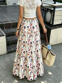 Women's Autumn Vacation Pastoral Floral Maxi Skirt, Commute Daily, Spring Summer Outing, Drawstring Decor - Apricot - View 2
