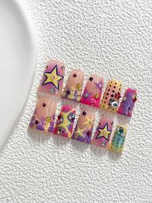 10Pcs Dopamine Y2K Style Handmade Press On Nail,Polygel Nail Set,Star, Yellow ,Purple And Pink Nail Polish,Macaron Style,Includes Nail Tools,3 Sizes Available,Almond Nails , Duck Nails,Coffin Nails For Party, Dance, Daily Wear. - 彩色 - 查看 2
