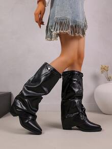 Women's Black Knee-High Boots, Ruched Fold Design, Buckle Strap Pointed Toe Low Chunky Heel Fashion Boots - Black - View 2
