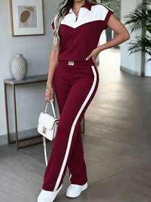 Spring/Autumn Women's New Fashion 2-Piece Casual Set, Colorblock Short Sleeve Top, Spring Break Casual Outfit For Women Summer Elegant - Burgundy + White - View 7