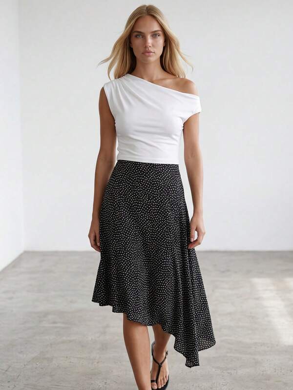 Gonna elegante da donna con stampa a pois francese e orlo asimmetrico
