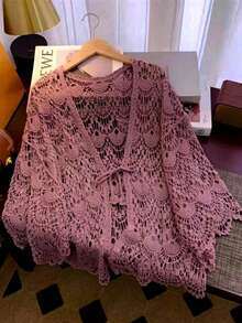 Women's Apricot Lace Hollow Out Lace-Up Cardigan Sun Protection 3/4 Sleeve Shawl Outerwear Solid Color - Purple - View 2