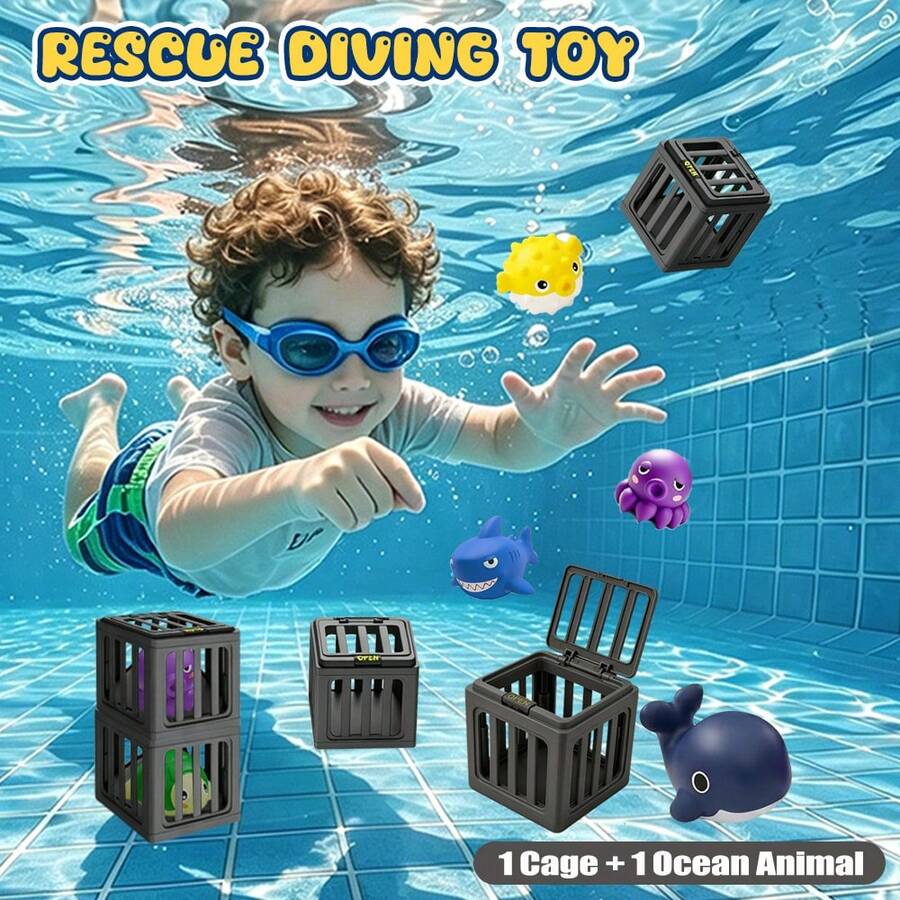 Pool Diving Toys Kids 3-12, Swim & Dive Training, Rescue Game Set With Floating Animal & Cage, Summer Water Toys Pool Bath Beach