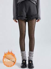 Heart-Shaped Flocked Black Thermal-Lined Tights, Warm And Slimming, Autumn/Winter Preppy Style Skirt Matching Base Stockings - Black - View 7