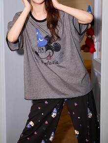 Gongdie Disney 2件組迪士尼米奇情侶女款睡衣套裝，夏季柔軟棉質黑色波浪飾邊米奇印花居家服 - 灰色 - 查看 4