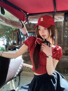 法式方領波點紅色短袖女版夏季收腰短版娃娃上衣露肩花瓣袖度假上衣 - 紅色 - 查看 8