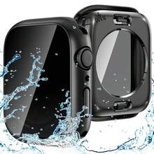 2合1防水隱私保護殼，適用於Apple Watch 40/41/42/44/45/46/49mm，強化玻璃螢幕保護貼，適用於iiwatch Ultra/SE/11/10/9/8/7/6/5 - 黑色 - 查看 12