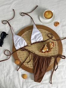 2pcs Sexy Summer Bikini Set - Beige Triangle Top And High Slit Bottom With Bronze Metal Rings And Adjustable Ties Vacation Beach Brown - Brown - View 6