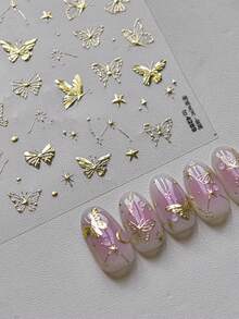 1件金屬金色蝴蝶美甲貼紙，3D浮雕蝴蝶與星星設計，優雅翅膀美甲飾品，自黏式美甲裝飾貼紙 - 金色 - 查看 5