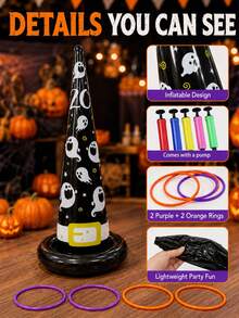 5pcs/1pc Dual-Use Inflatable Witch Hat Ring Toss Game, Wearable On Head And Ground Throwing, Includes 4 Colors Rings And Hand Pump, Halloween Party Classroom Group Game Supplies - Halloween Inflatable Witch Hat Ring Toss - View 3