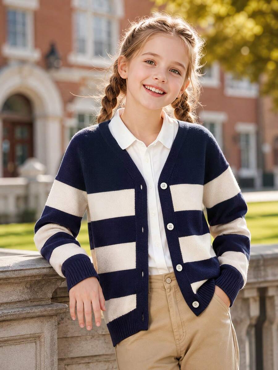 Cardigan Rajut Anak Perempuan dengan Kancing, Jaket Sweater Hangat Kasual - Navy Blue - View 1
