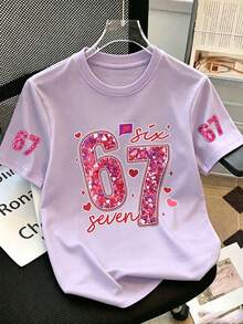 青少年女孩 Coquette 風格白色 T 恤，亮面「67」數字與愛心印花休閒短袖 T 恤，可愛 Y2K 夏季街頭風上衣 - 淡紫色 - 查看 2