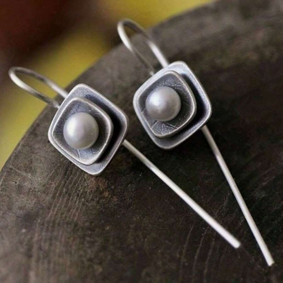 Vintage Double Layer Boxed Women's Earrings With Distressed And Mottled Design, Cool Accessory For Daily Commute And Vacation - Silver - View 1
