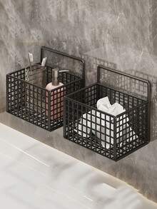 Drill-Free Iron Bathroom Storage Rack, Wall-Mounted Storage Basket, Multi-Functional Storage Shelf For Bathroom And Kitchen, Black Mesh Drill-Free, Black Mesh Drill-Free - A - View 10