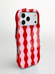 Una funda de teléfono con patrón de rayas onduladas rojas y rosas asimétrica de dos en uno, funda de teléfono con forma asimétrica, compatible especialmente con modelos 17 Pro, 17e, 16e, 15, 14, 13, 12, 11, diseño elegante, funda de teléfono de moda de verano, ¡un regalo perfecto para tu novia en Navidad, Día de San Valentín, Pascua, temporada de bodas y cumpleaños! - Multicolor - Ver 4