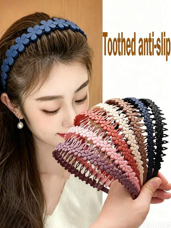 7pcs Matte Flower Hair Hoop Set, Non-Slip Teeth Headbands, Casual Hair Accessories For Women & Girls