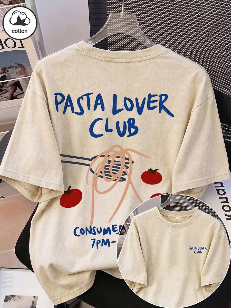 ES TRUS 女款加厚棉質夏季大尺碼短袖圓領 T-shirt,卡通插畫圖案印花,Y2K 風格街頭風,米色/白色 - 白色 - 查看 1